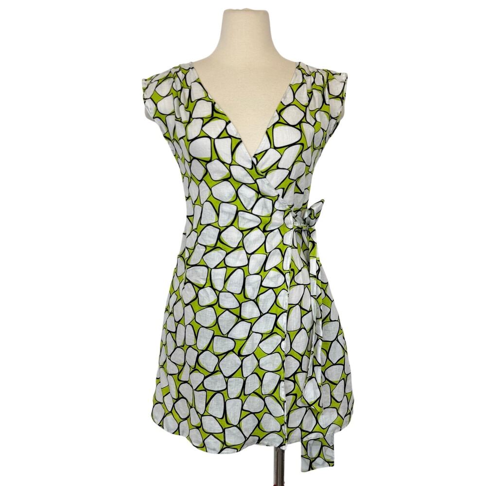Diane Von Furstenberg Sleeveless Linen Wrap Dress Lime Green/White S